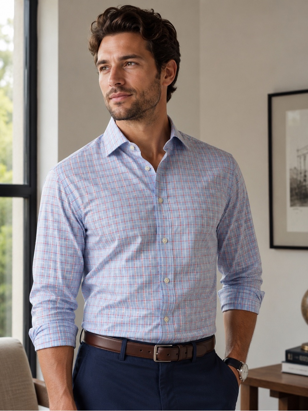Banana Republic Non-Iron Classic Fit Blue Red Windowpane Dress Shirt Size L